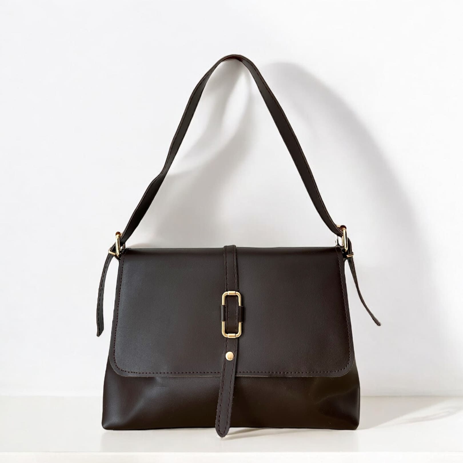 Gold Kemer Detaylı El ve Omuz Çantası Elena Acı Kahve