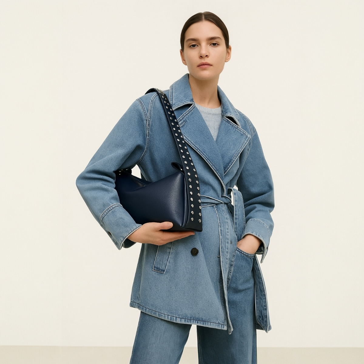 ZIMBA DETAYLI OMUZ ÇANTASI BİANCA DERİ LACİVERT