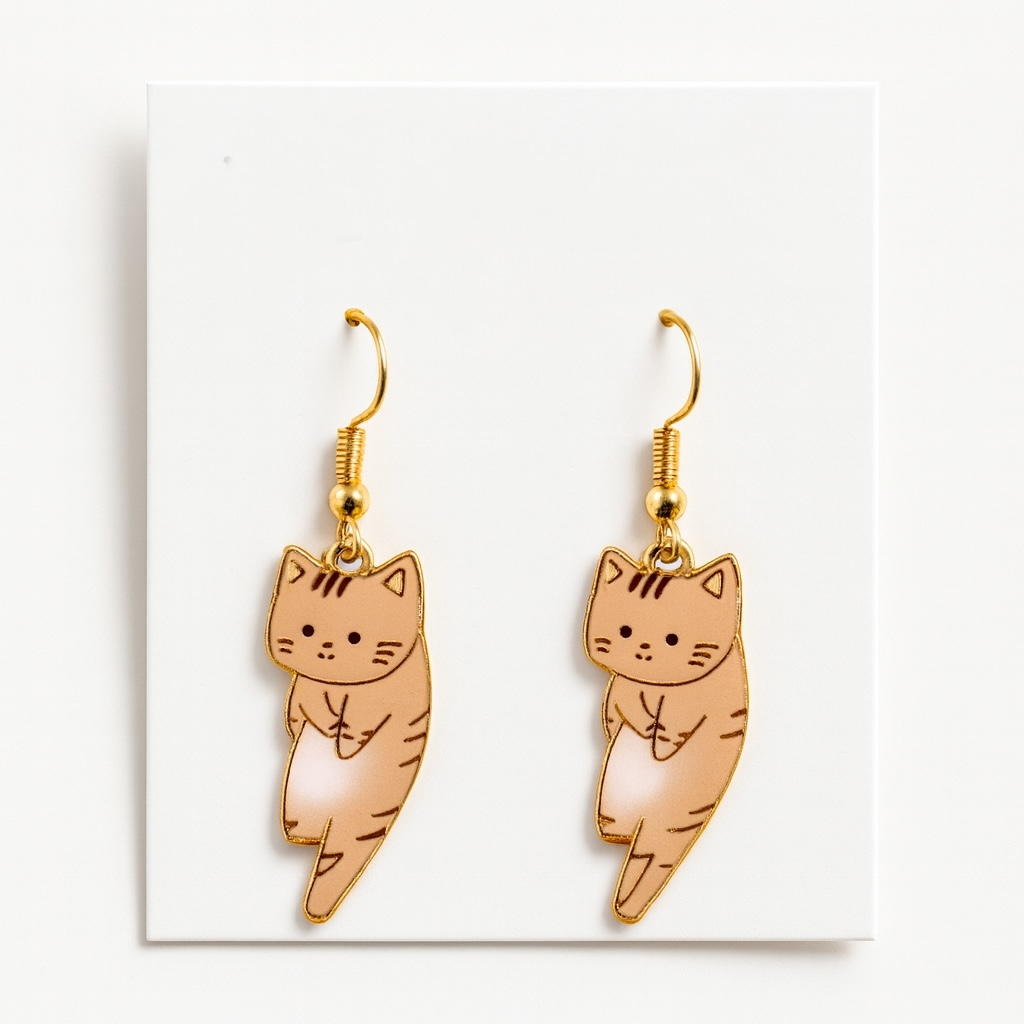 Gold Detaylı Kedili Küpe Kahve