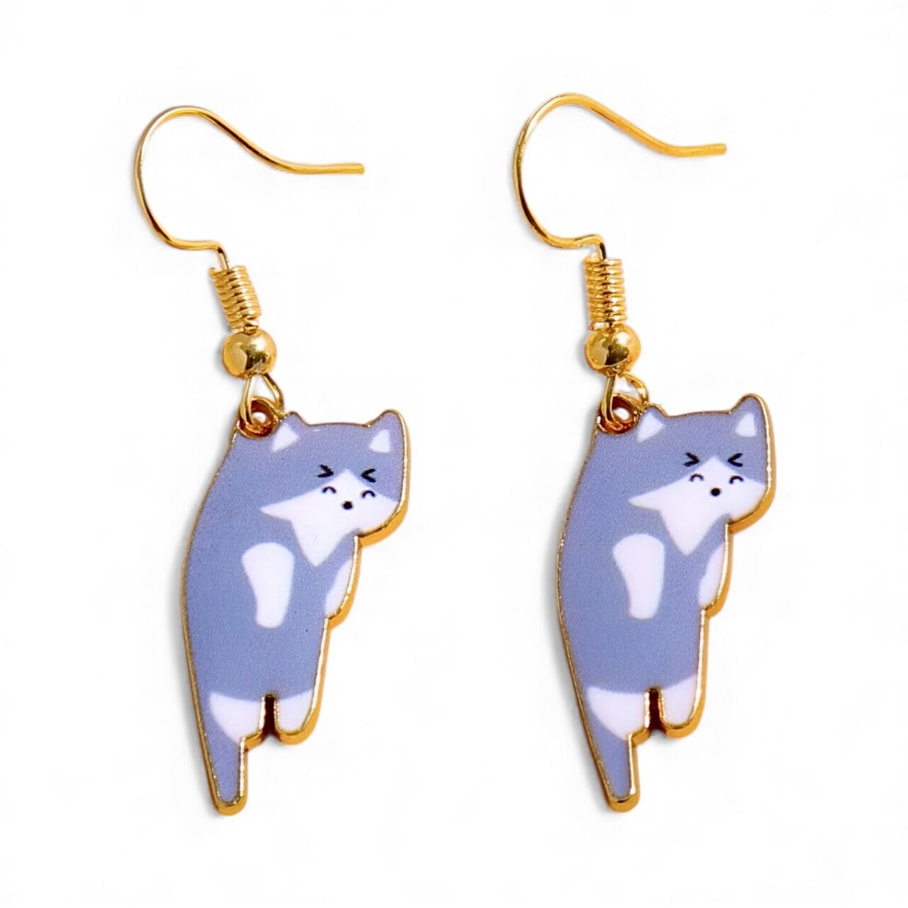 Gold Detaylı Kedili Küpe Gri