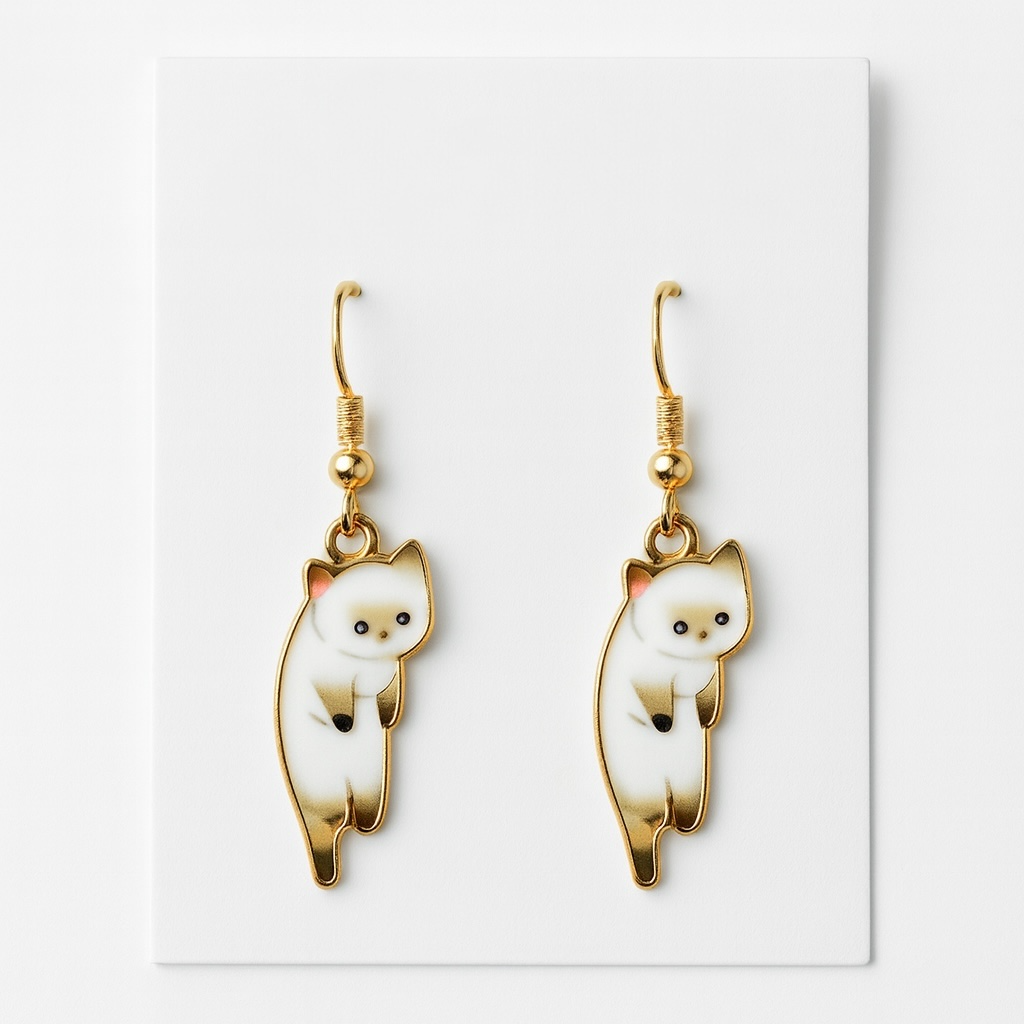 Gold Detaylı Kedili Küpe Beyaz