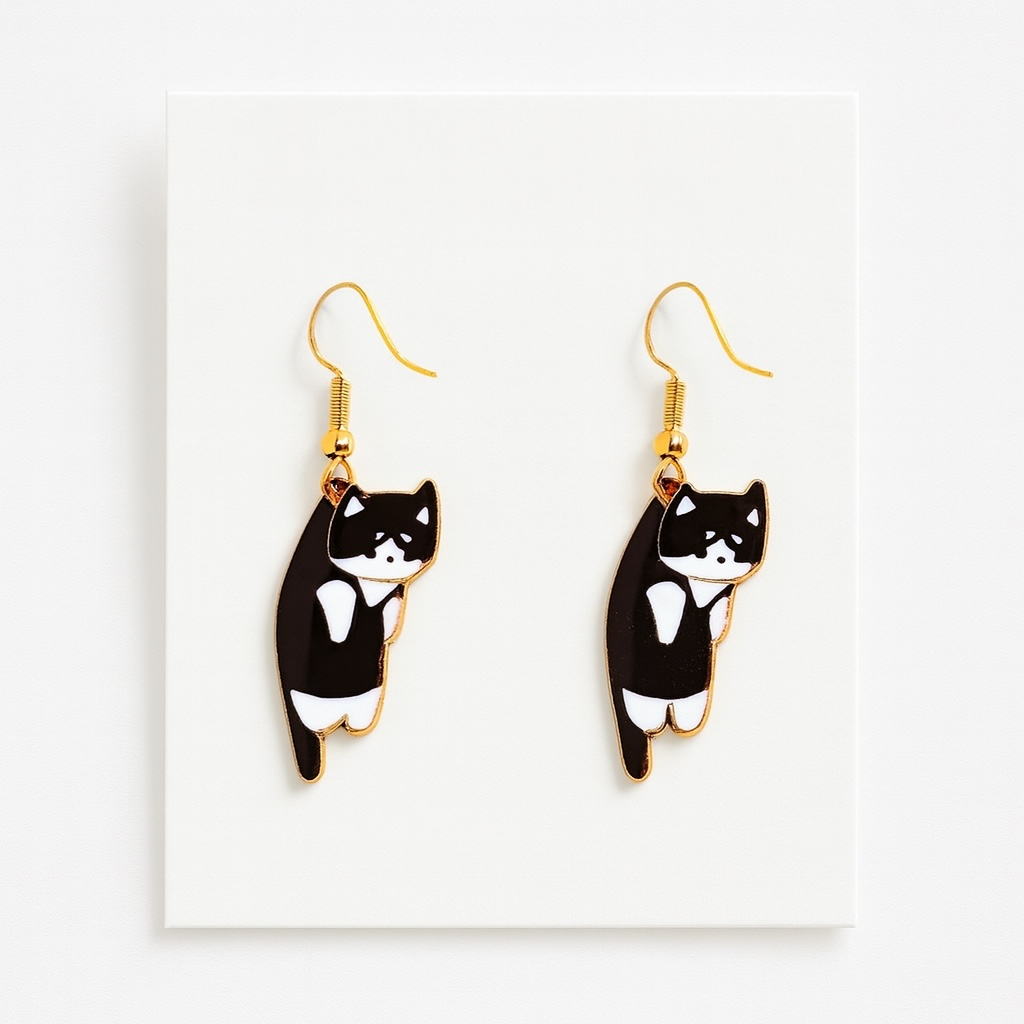 Gold Detaylı Kedili Küpe Siyah