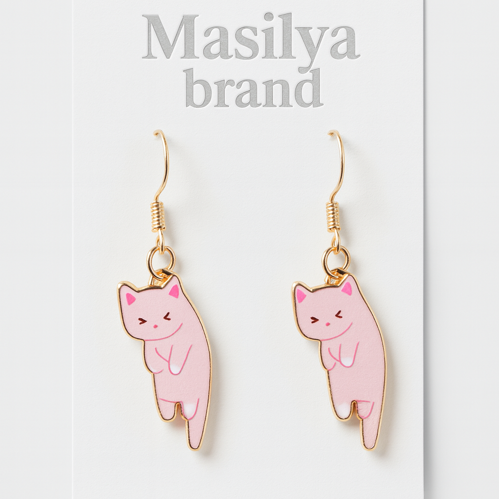 Gold Detaylı Kedili Küpe Pembe