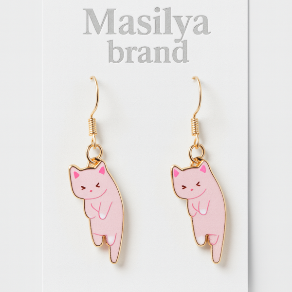 Gold Detaylı Kedili Küpe Pembe