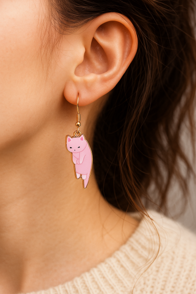 Gold Detaylı Kedili Küpe Pembe