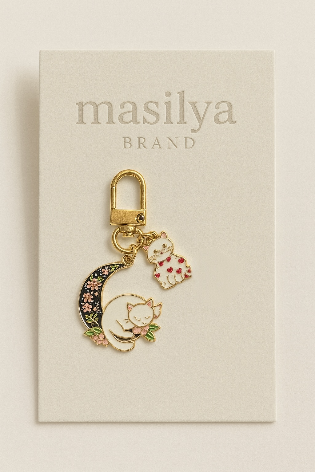 Ay Işığında Kedi ve Kalpli Kedi Figürlü Sevimli  Anahtarlık Charmı