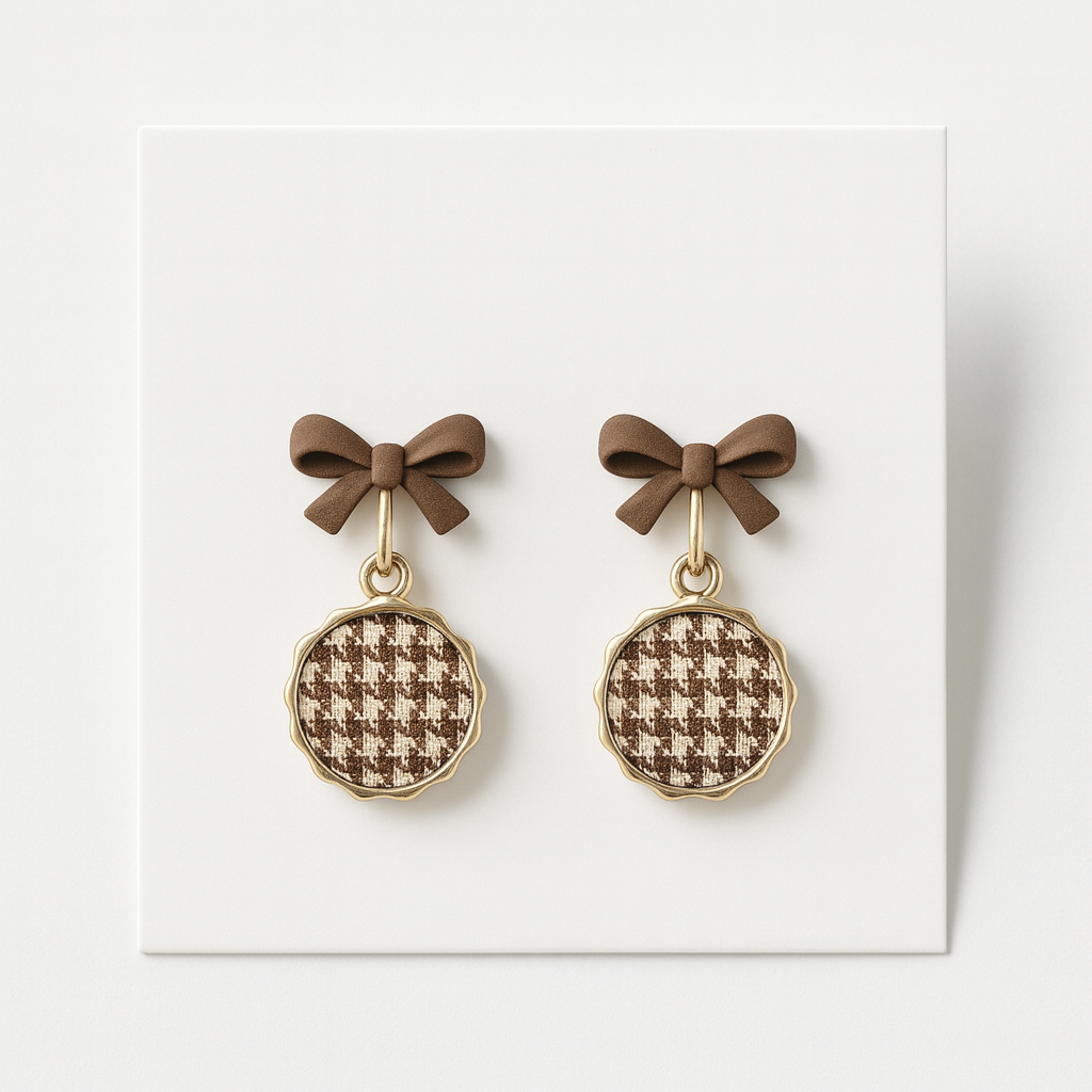 Kurdele Detaylı Dama Desenli Küpe