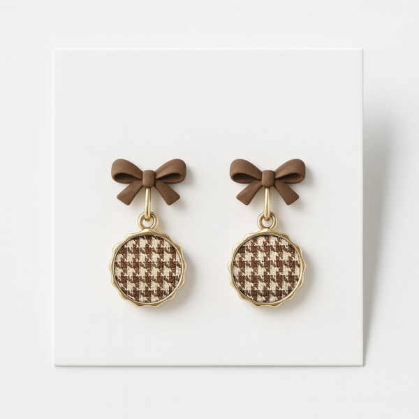 Kurdele Detaylı Dama Desenli Küpe