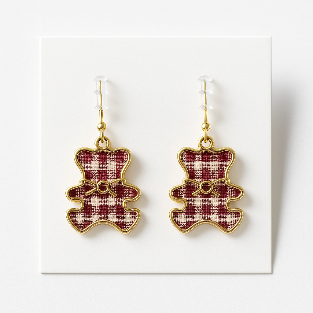 Sevimli Ayıcıklı Gold Ekoseli Küpe