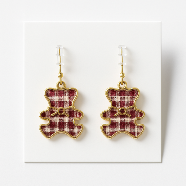 Sevimli Ayıcıklı Gold Ekoseli Küpe