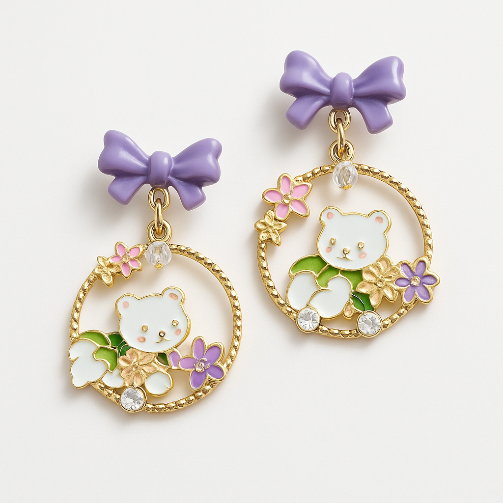 Sevimli Figürlü Mor Fiyonk Detaylı Küpe