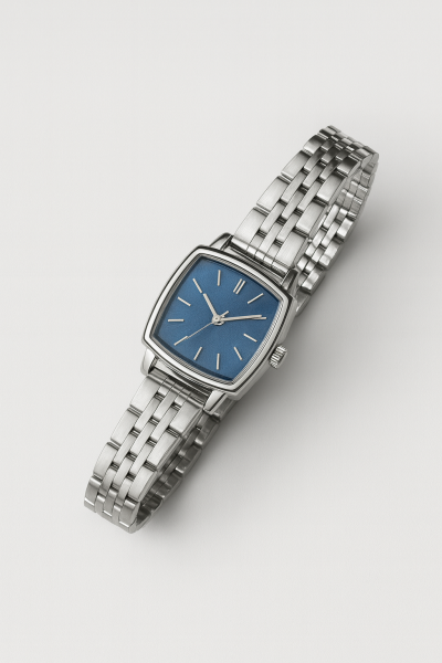 Retro Kare Kadran Minimal Özel Kutulu Gümüş Kadın Kol Saati Mavi