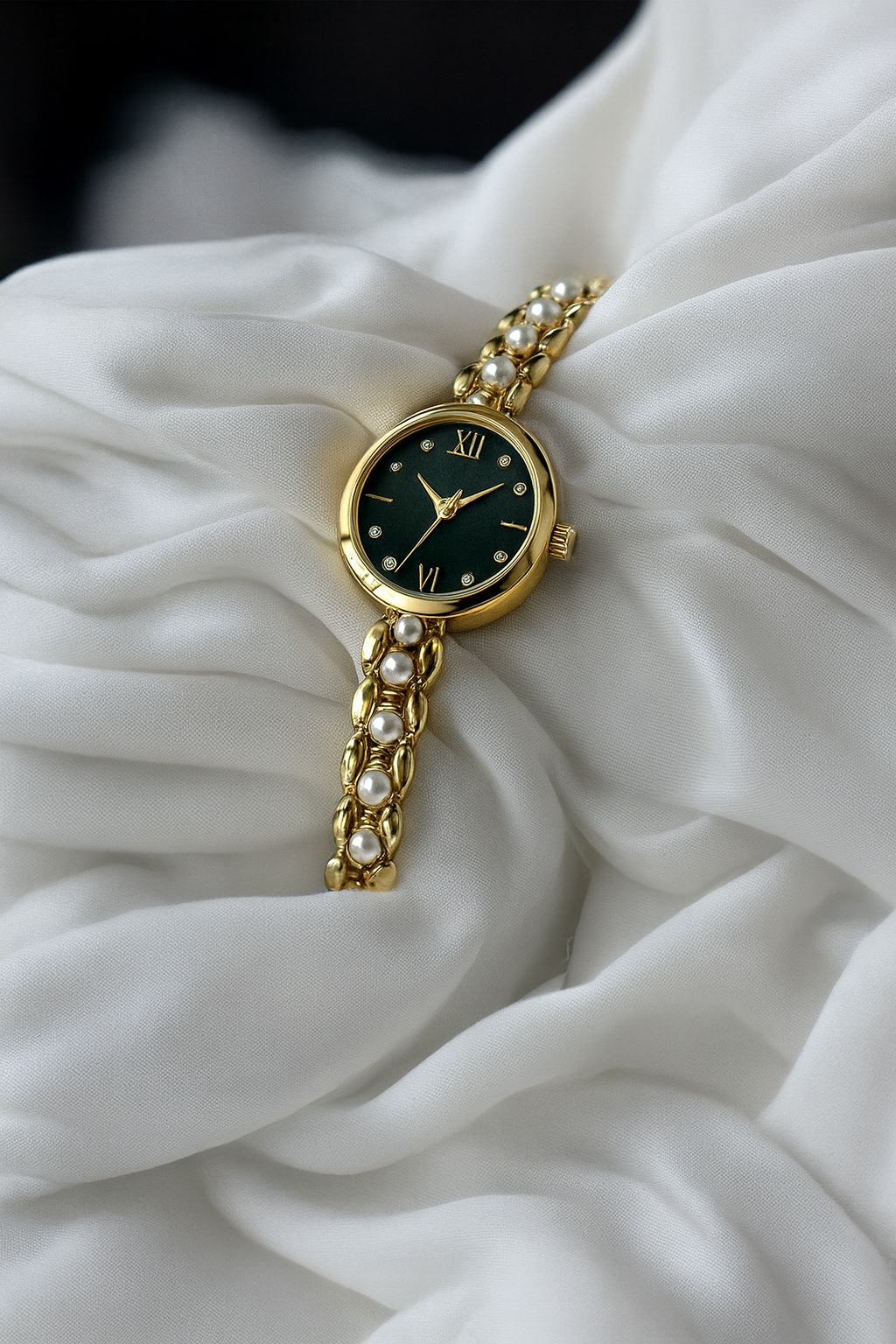 Özel Kutulu Şık İncili Gold Kadın Saat Yeşil