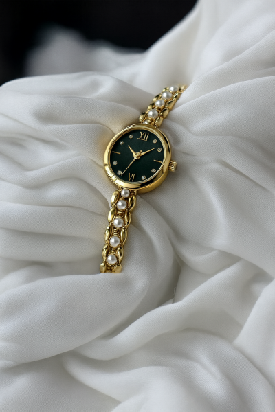 Özel Kutulu Şık İncili Gold Kadın Saat Yeşil