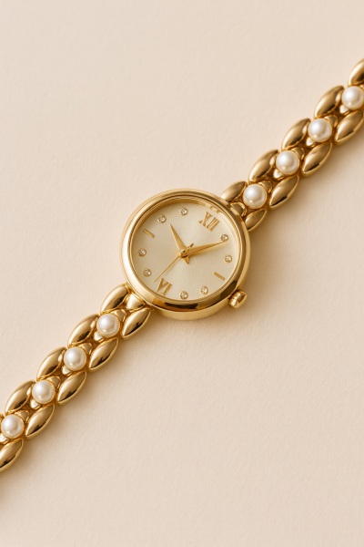 Özel Kutulu Şık İncili Gold Kadın Saat