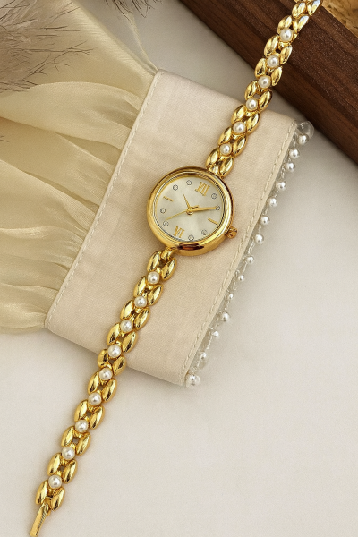 Özel Kutulu Şık İncili Gold Kadın Saat