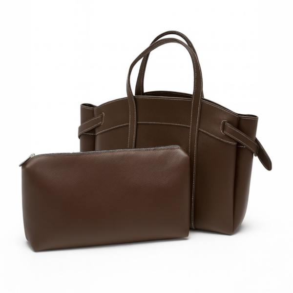 Makyaj Çanta Hediyeli Dikiş Detaylı El ve Kol Çantası Acı Kahve Deri Nova