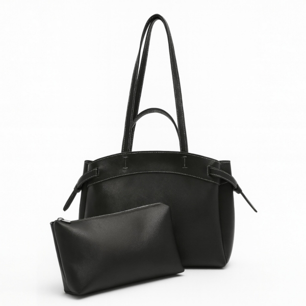 Makyaj Çanta Hediyeli Dikiş Detaylı El ve Kol Çantası Siyah Deri Nova