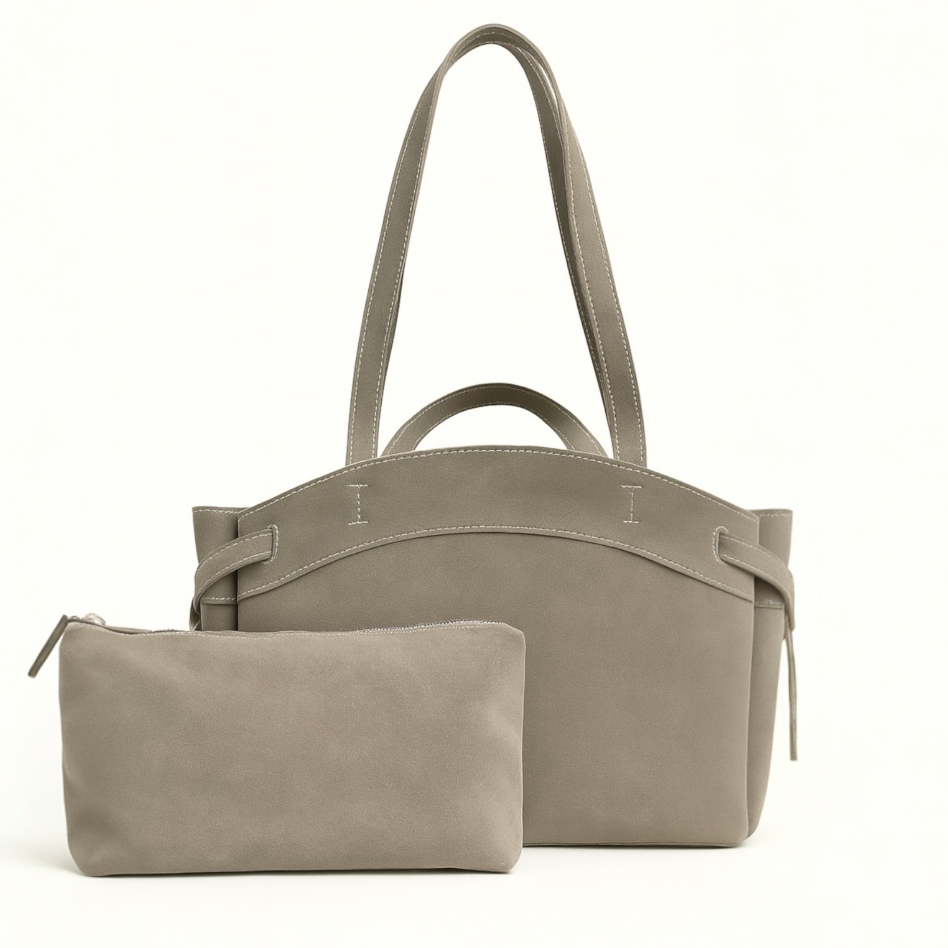 Makyaj Çanta Hediyeli Dikiş Detaylı El ve Kol Çantası Vizon Süet Nova