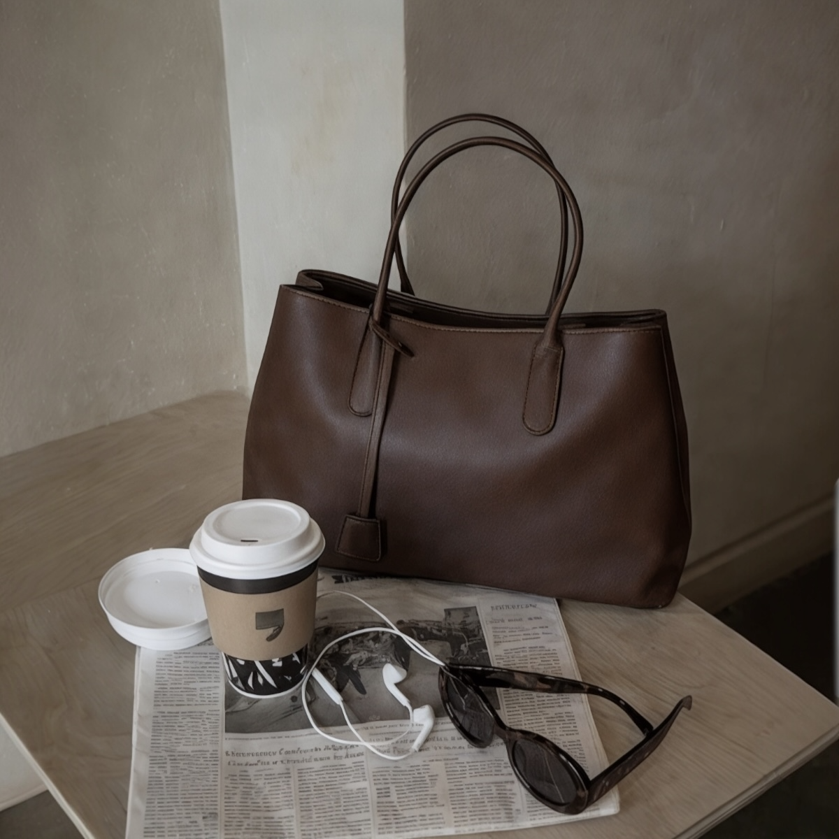 3 Bölmeli Süet Omuz Çantası Vanessa Acı Kahve Deri